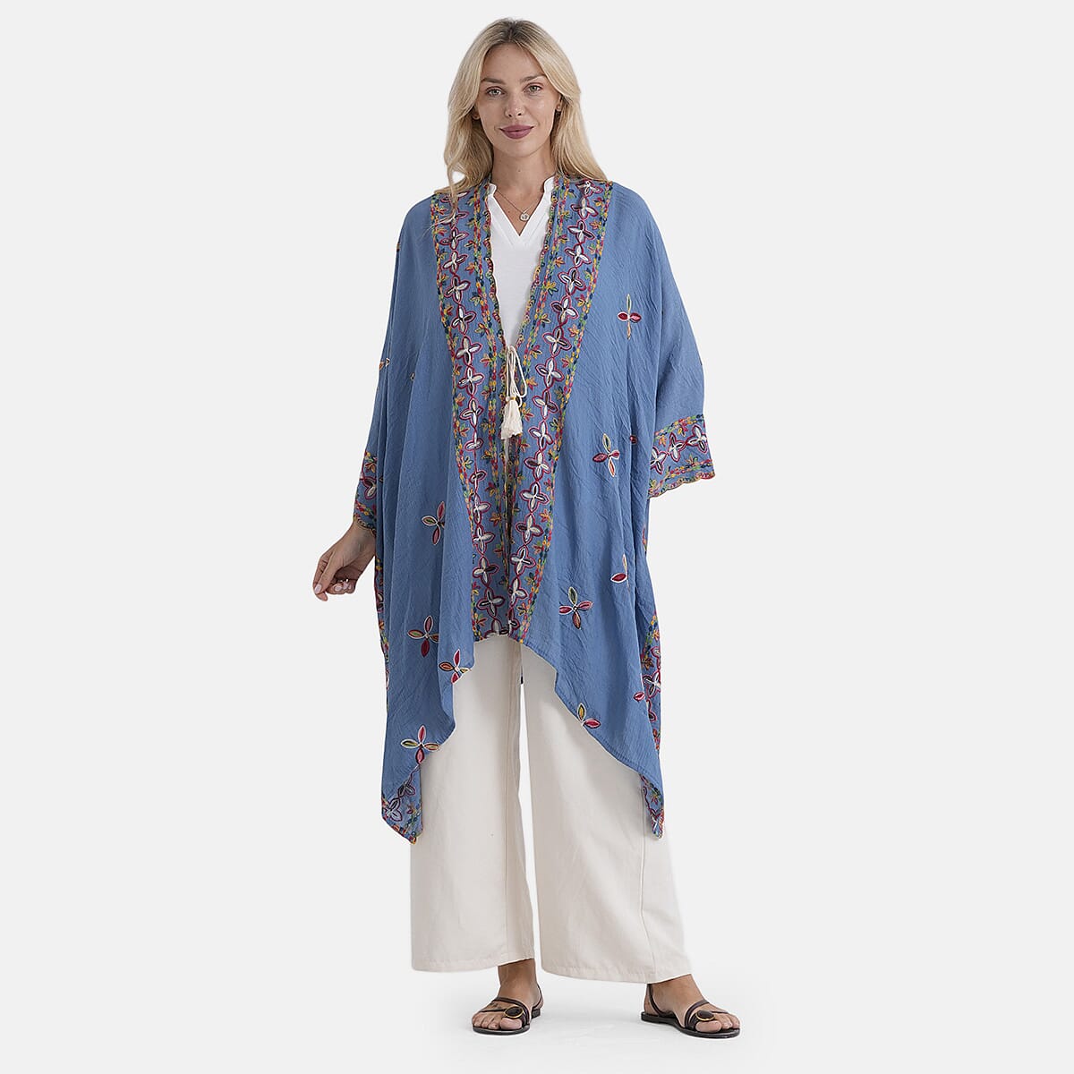 BRAND NEW LAUNCH - - Maisi Cotton-Blend Embroidered Long Kimono (One Size) - Blue