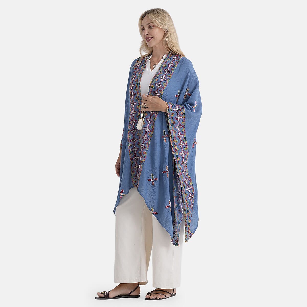 BRAND NEW LAUNCH - - Maisi Cotton-Blend Embroidered Long Kimono (One Size) - Blue