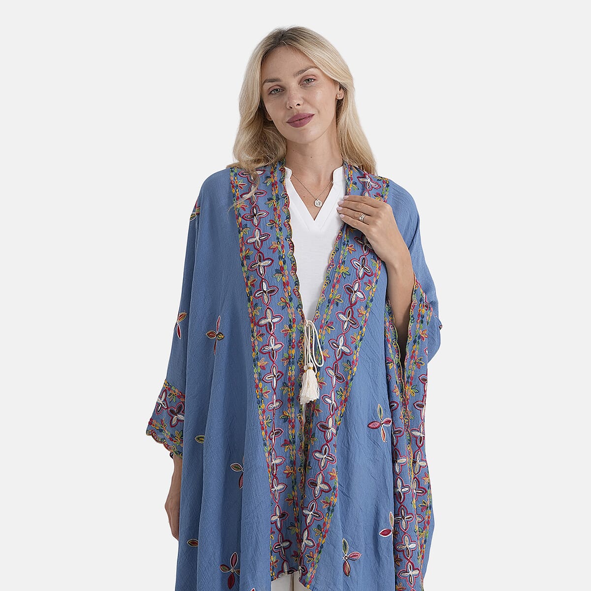 BRAND NEW LAUNCH - - Maisi Cotton-Blend Embroidered Long Kimono (One Size) - Blue