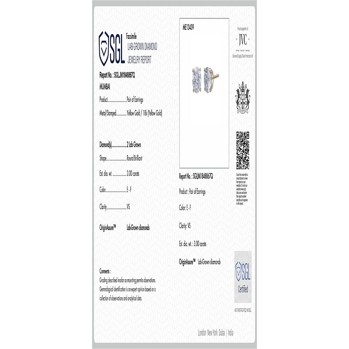 18K Yellow Gold SGL Certified VS-EF Lab Grown Diamond Stud Earrings with Screw Back 3.08 Ct.