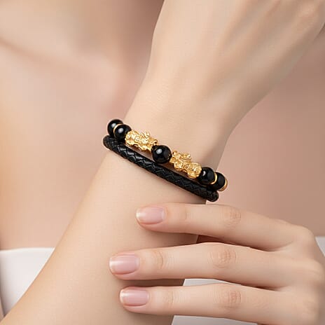 Shungite Pixiu Bracelet with Braided Leather Strap (Size - 7.5) in Yellow Gold Tone 25.00 Ct.