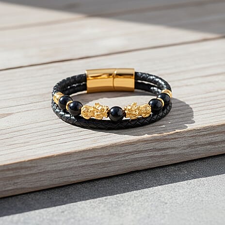 Shungite Pixiu Bracelet with Braided Leather Strap (Size - 7.5) in Yellow Gold Tone 25.00 Ct.