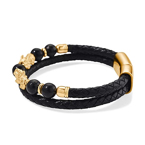 Shungite Pixiu Bracelet with Braided Leather Strap (Size - 7.5) in Yellow Gold Tone 25.00 Ct.