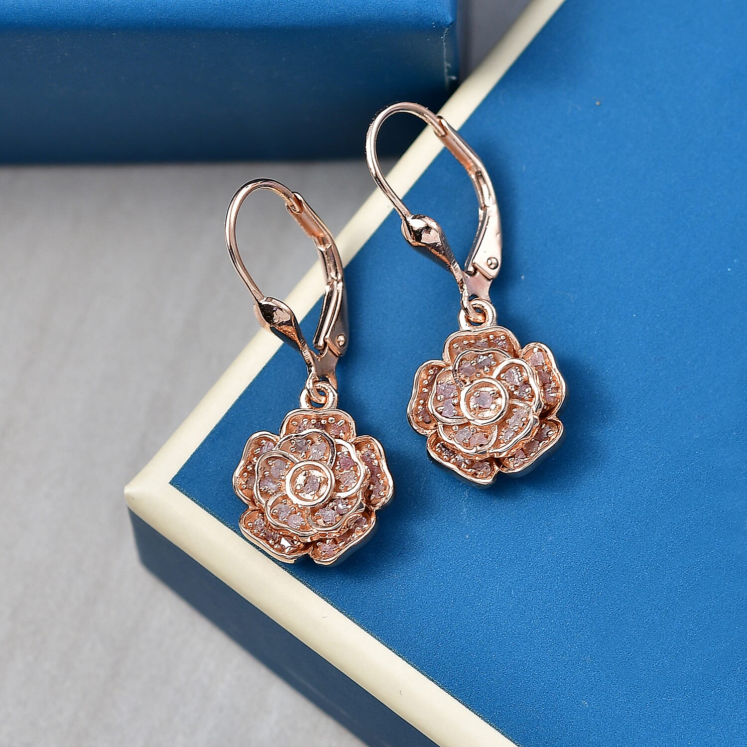 D'Joy Natural Pink Diamond Cluster Earring with Lever Back in 18K Vermeil Rose Gold Plated Sterling Silver