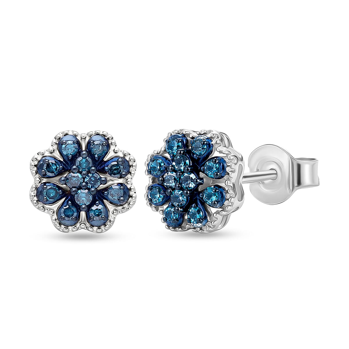 D'Joy Blue Diamond Cluster Push Post Earring in Rhodium Overlay Sterling Silver