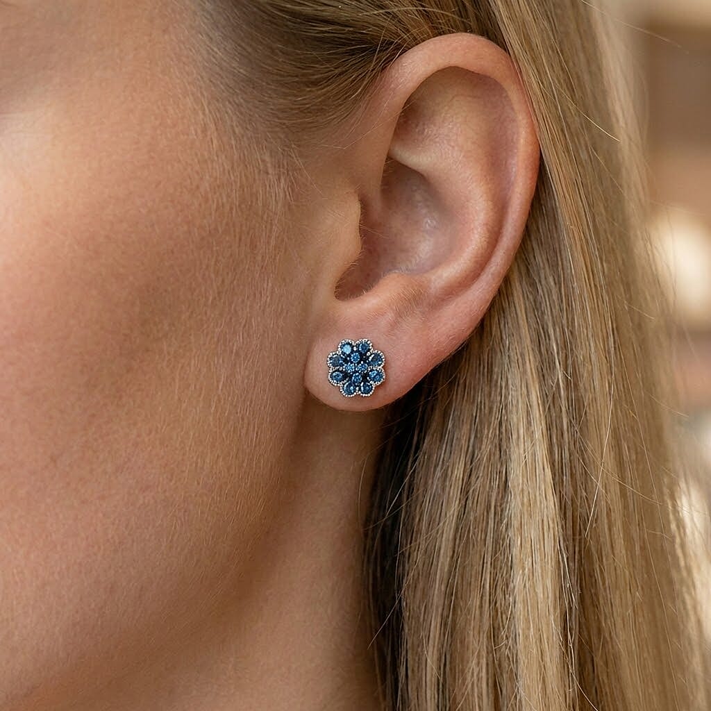 D'Joy Blue Diamond Cluster Push Post Earring in Rhodium Overlay Sterling Silver