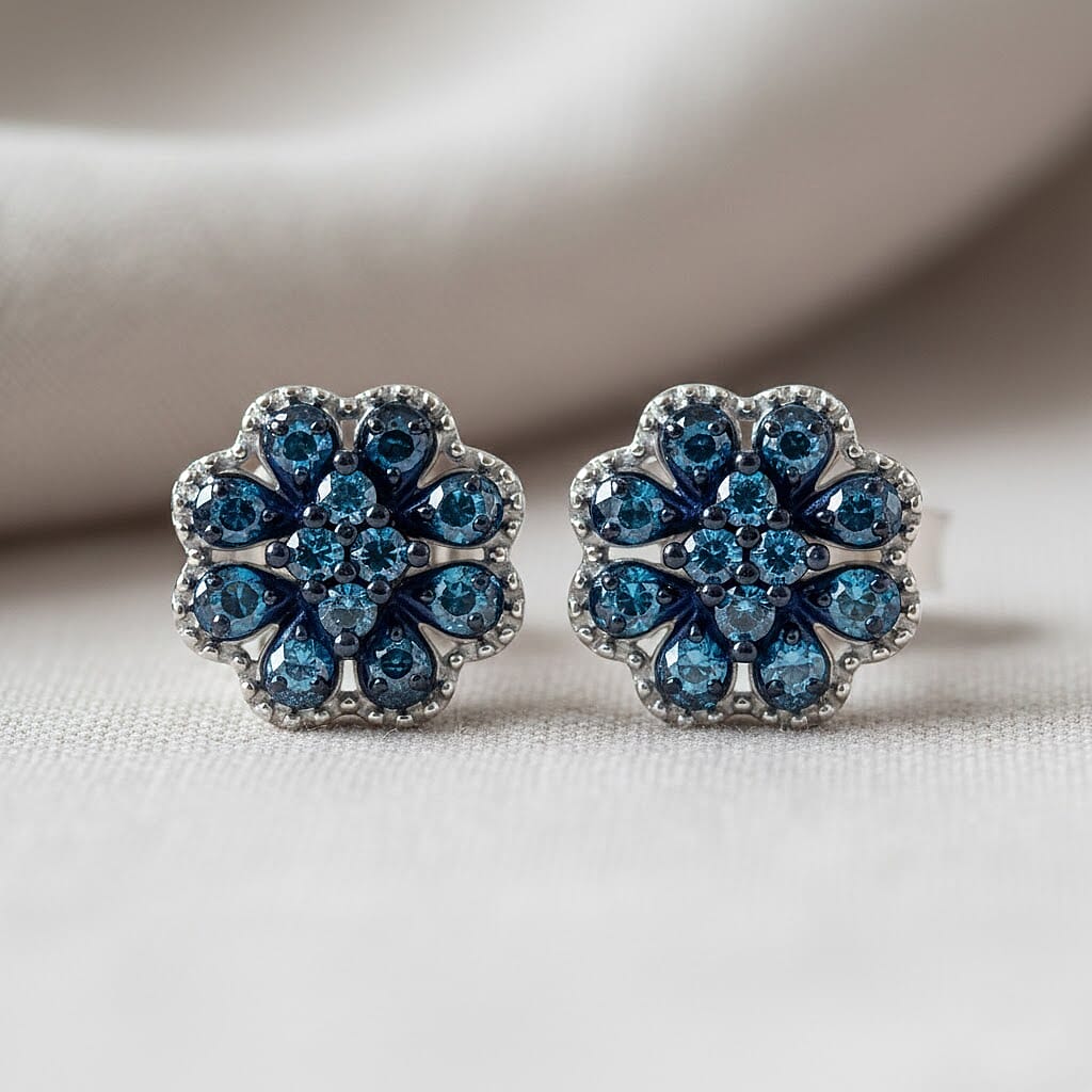 D'Joy Blue Diamond Cluster Push Post Earring in Rhodium Overlay Sterling Silver