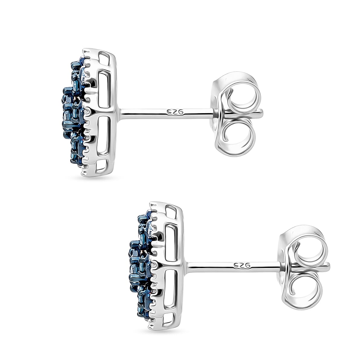 D'Joy Blue Diamond Cluster Push Post Earring in Rhodium Overlay Sterling Silver