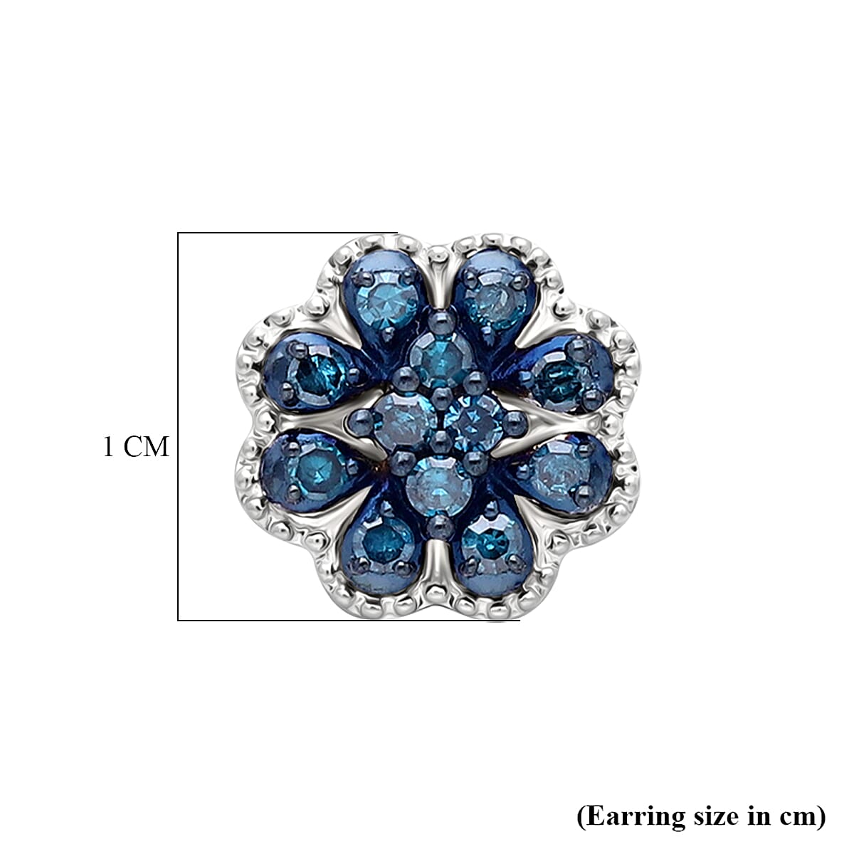 D'Joy Blue Diamond Cluster Push Post Earring in Rhodium Overlay Sterling Silver