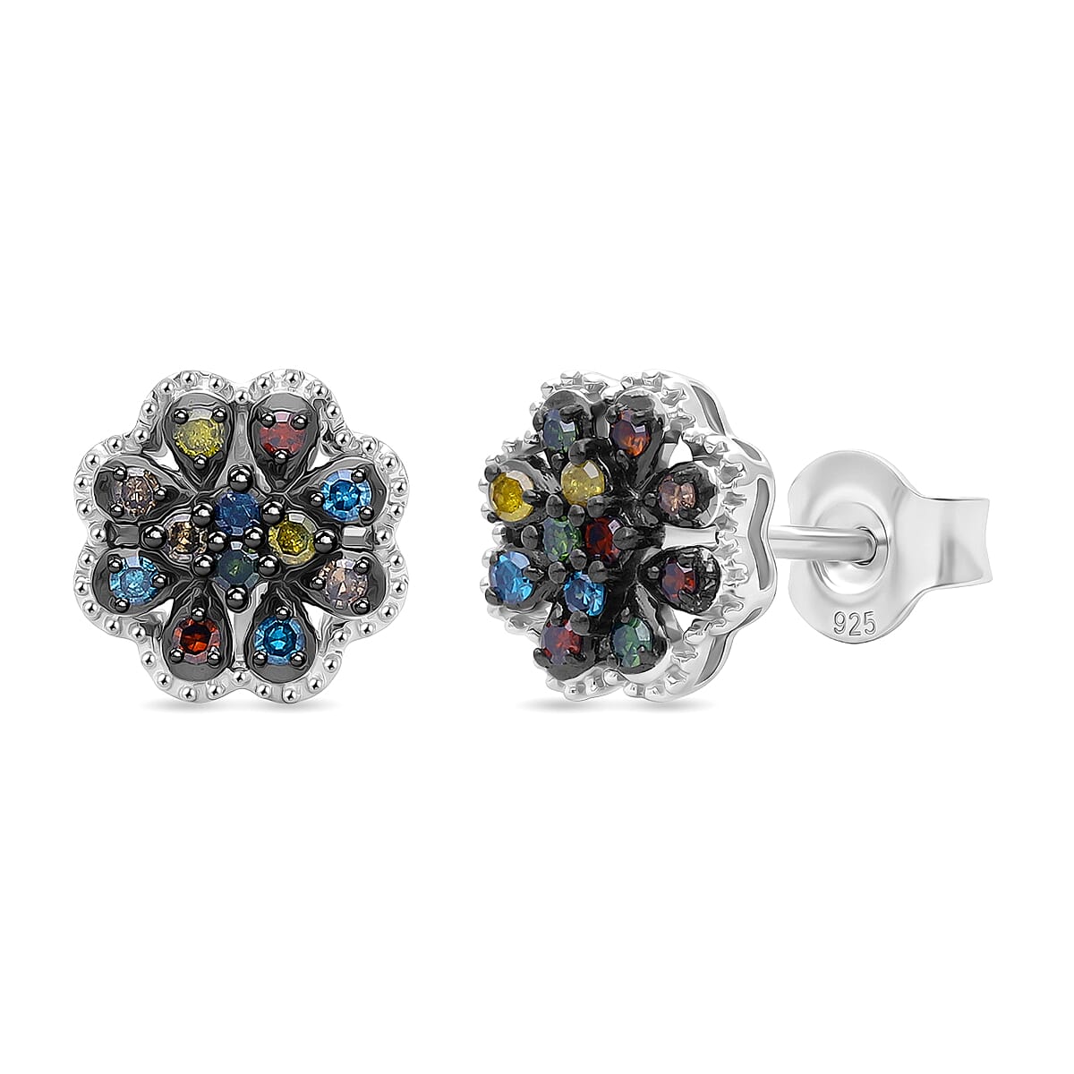 D'Joy Blue Diamond & Multi Gemstones Push Post Earring in Rhodium Overlay Sterling Silver 0.24 Ct