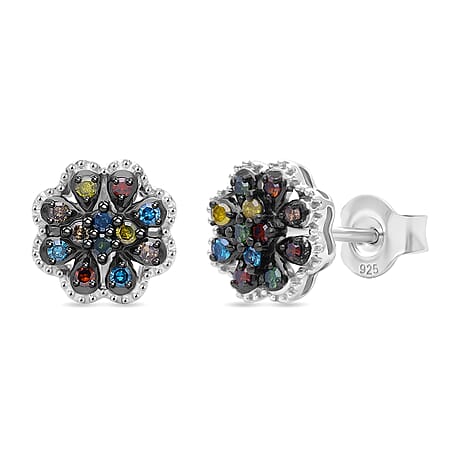 D'Joy Blue Diamond & Multi Gemstones Push Post Earring in Rhodium Overlay Sterling Silver 0.24 Ct