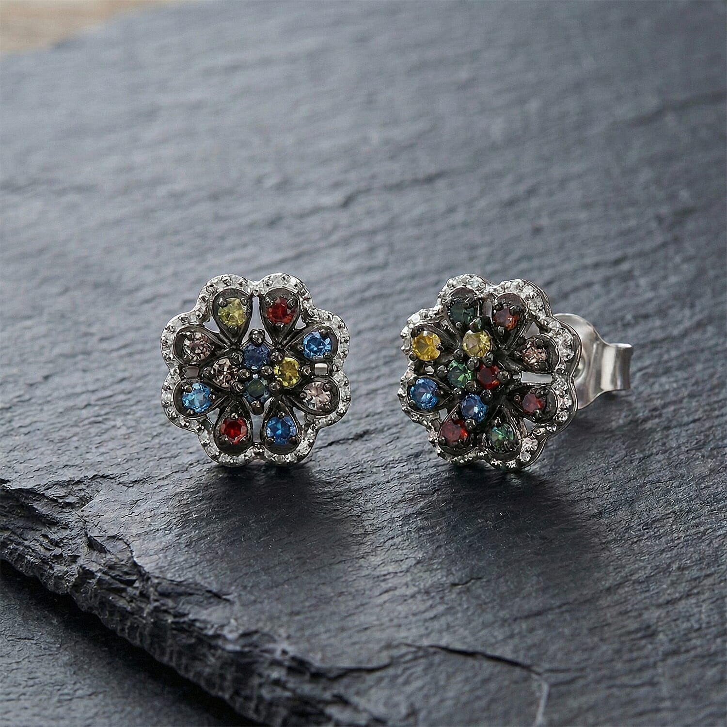 D'Joy Blue Diamond & Multi Gemstones Push Post Earring in Rhodium Overlay Sterling Silver 0.24 Ct