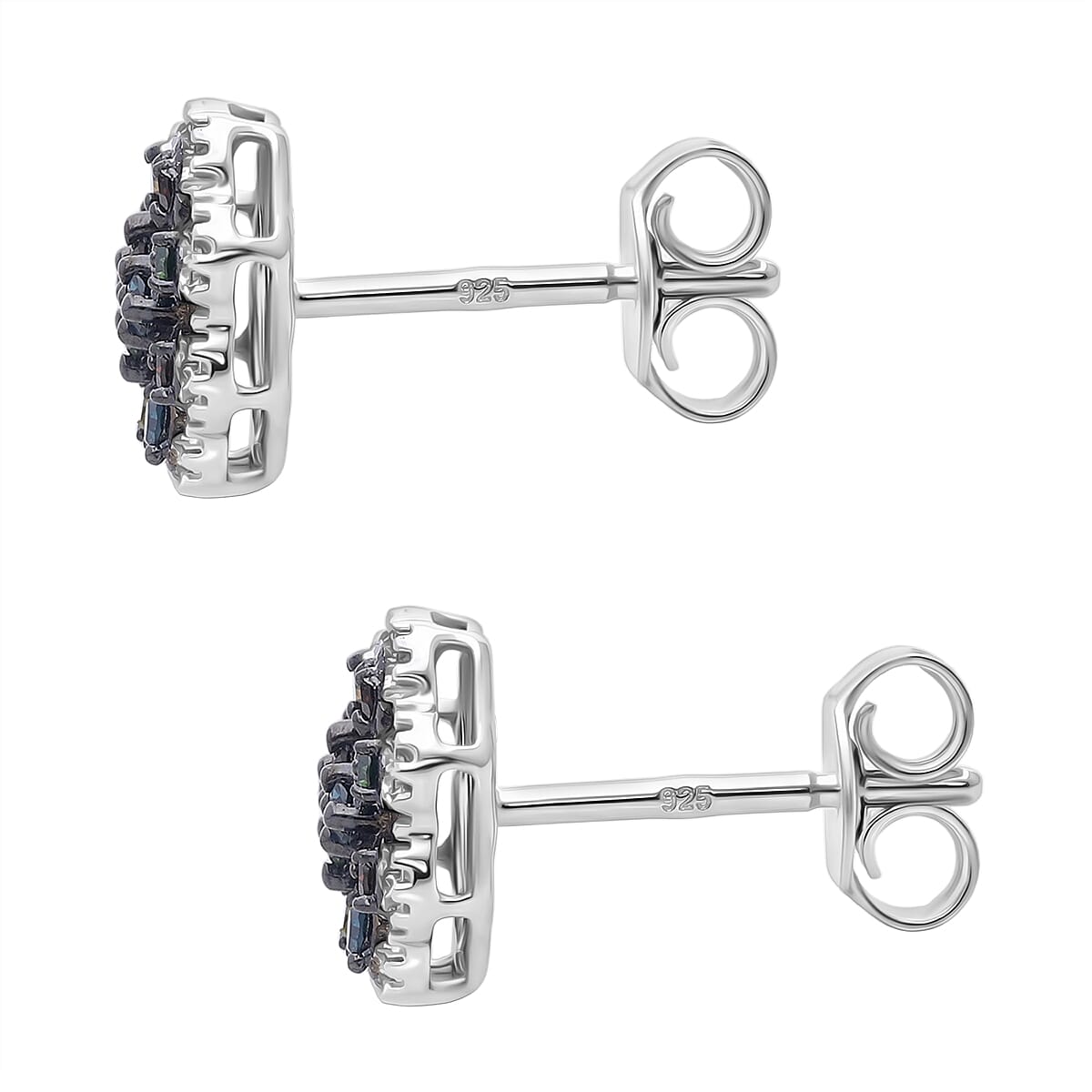 D'Joy Blue Diamond & Multi Gemstones Push Post Earring in Rhodium Overlay Sterling Silver 0.24 Ct