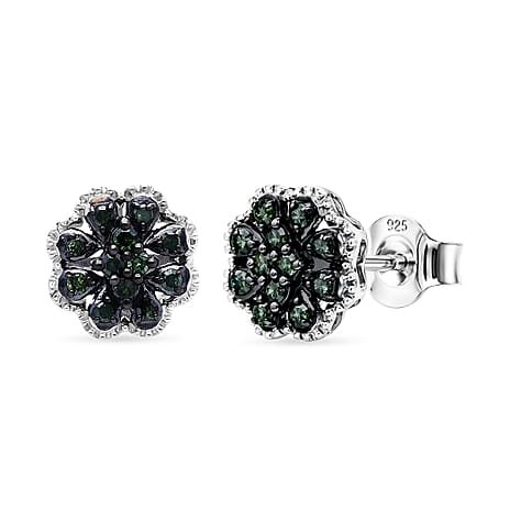 D'Joy Green Diamond Cluster Push Post Earring in Rhodium Overlay Sterling Silver