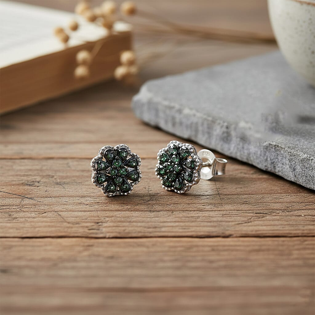 D'Joy Green Diamond Cluster Push Post Earring in Rhodium Overlay Sterling Silver