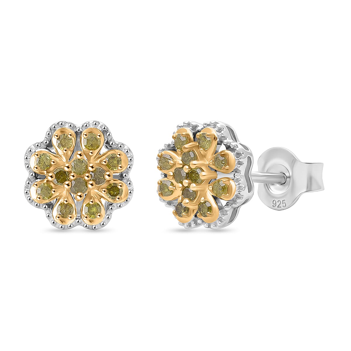 D'Joy Yellow Diamond Cluster Push Post Earring in Rhodium Overlay Sterling Silver