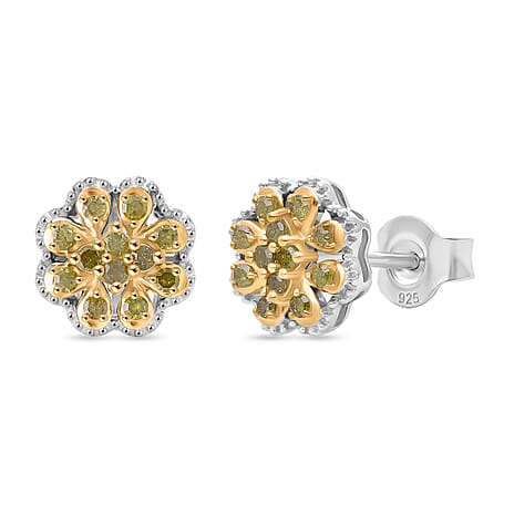 D'Joy Yellow Diamond Cluster Push Post Earring in Rhodium Overlay Sterling Silver