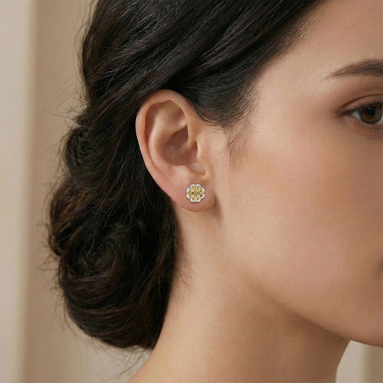 D'Joy Yellow Diamond Cluster Push Post Earring in Rhodium Overlay Sterling Silver