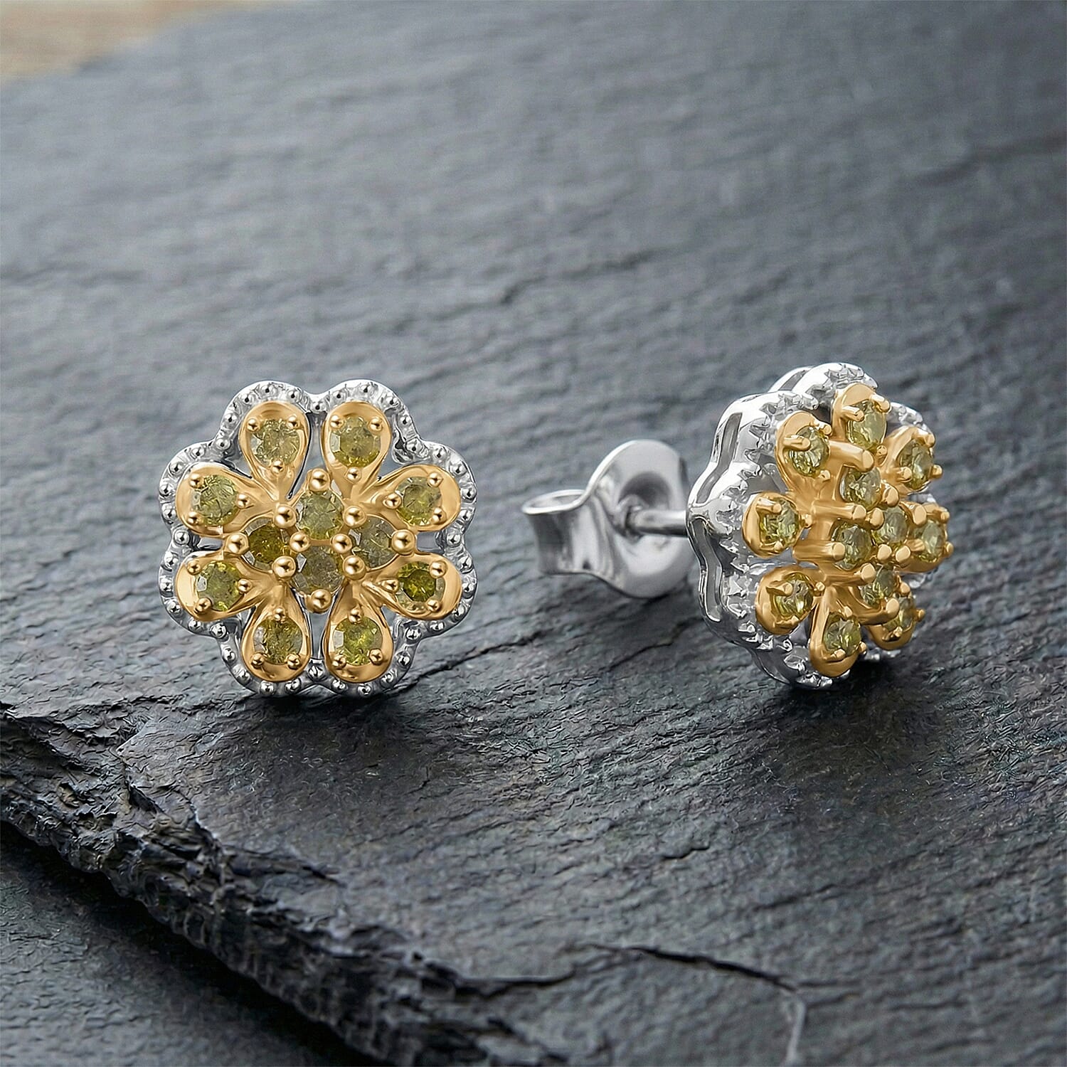 D'Joy Yellow Diamond Cluster Push Post Earring in Rhodium Overlay Sterling Silver