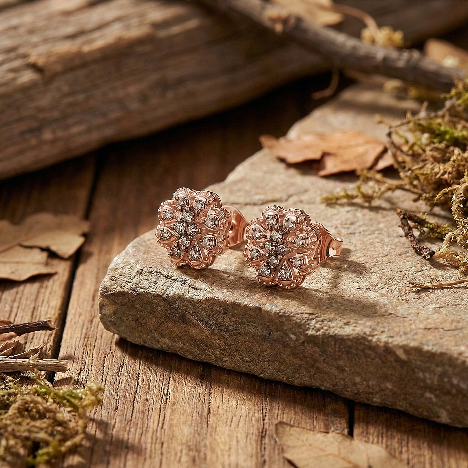 D'Joy Champagne Diamond Cluster Push Post Earring in 18K Vermeil Rose Gold Plated Sterling Silver