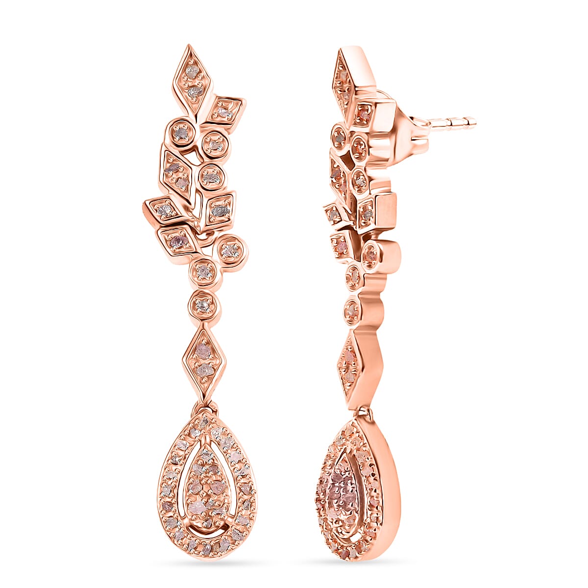D'Joy Natural Pink Diamond Dangling Earring with Push Back in 18K Vermeil Rose Gold Plated Sterling Silver