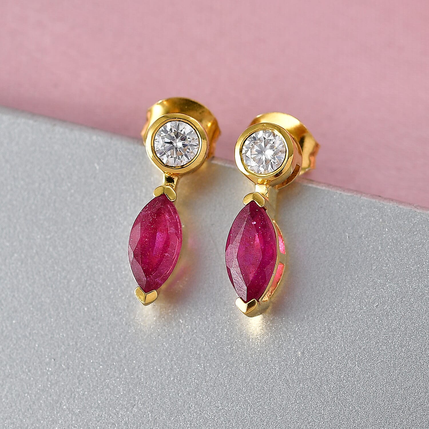 D'Joy Fissure Filled Ruby & Moissanite Solitaire Stud Push Post Earring in Yellow Gold Plated Sterling Silver 1.92 Ct.