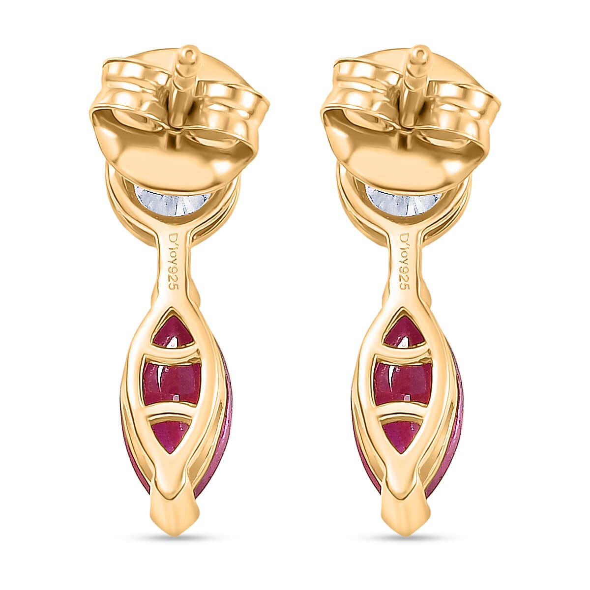 D'Joy Fissure Filled Ruby & Moissanite Solitaire Stud Push Post Earring in Yellow Gold Plated Sterling Silver 1.92 Ct.