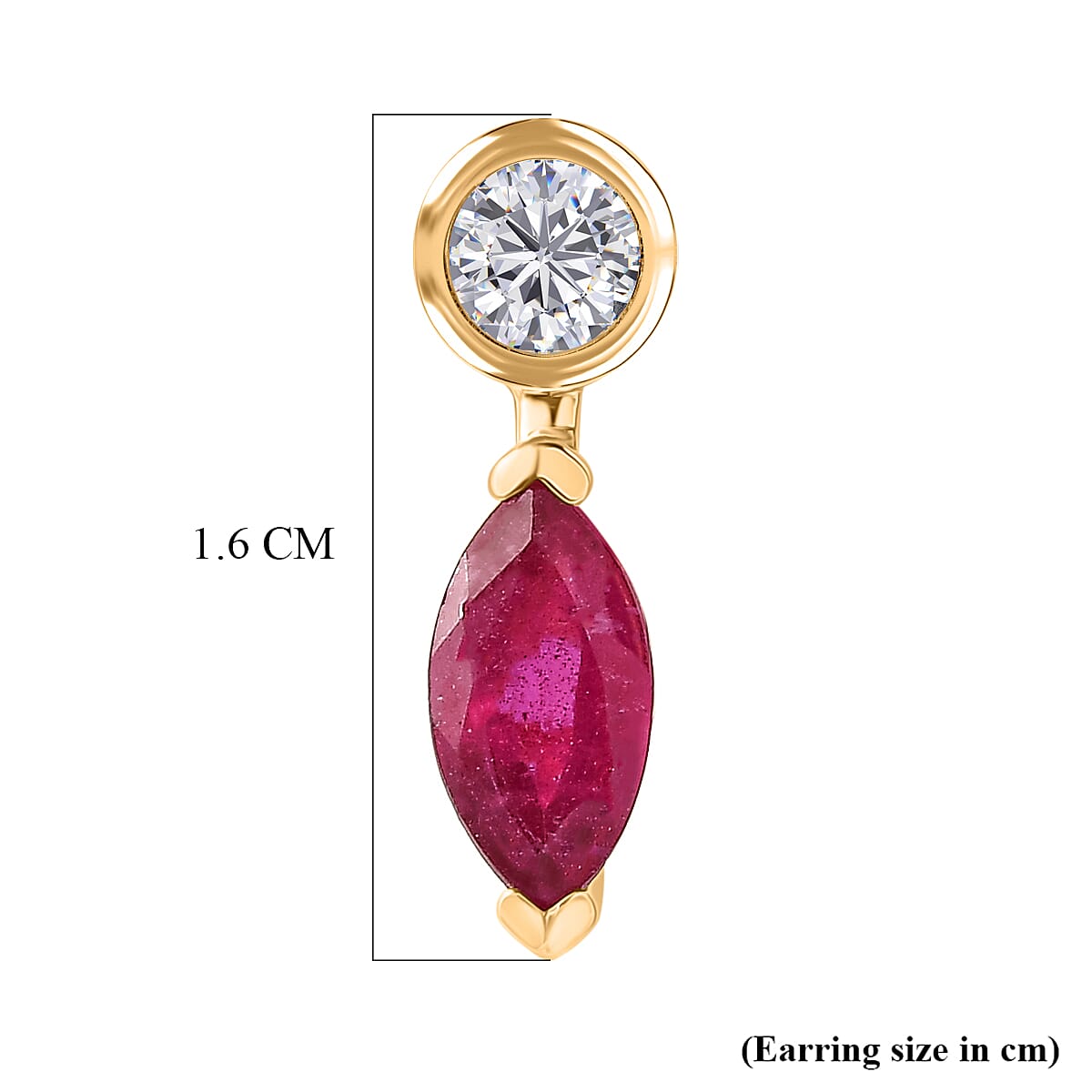 D'Joy Fissure Filled Ruby & Moissanite Solitaire Stud Push Post Earring in Yellow Gold Plated Sterling Silver 1.92 Ct.
