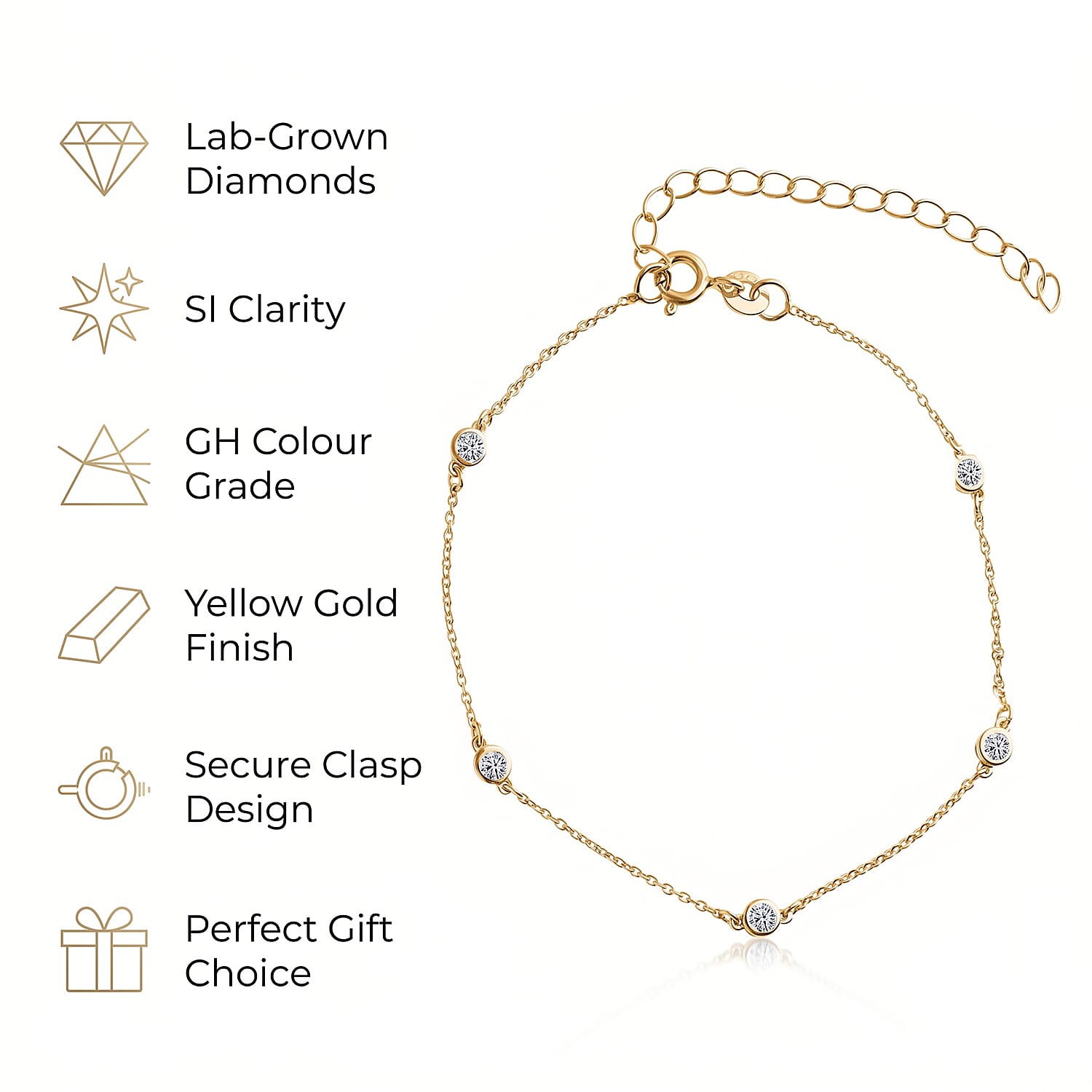 Luxuriant - SI-GH Lab Grown Diamond Bracelet (Size - 7.5-2 EXT) in 18K Vermeil Yellow Gold Plated Sterling Silver 0.25 Ct