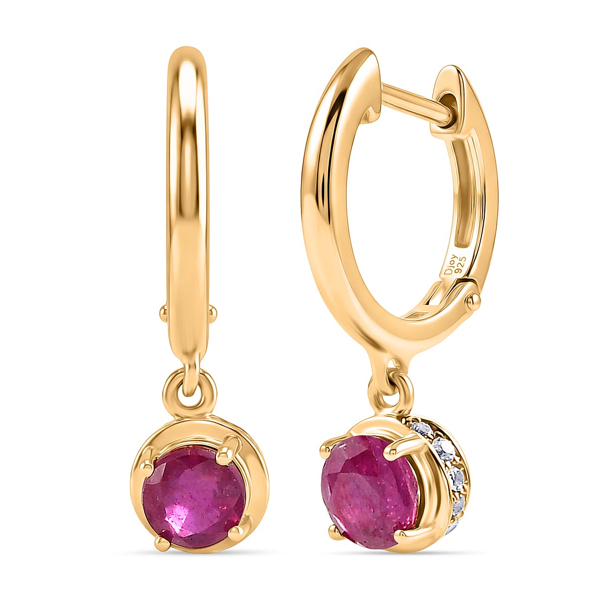 D'Joy Fissure Filled Ruby & White Zircon Dangling Earring in Yellow Gold Plated Sterling Silver 2.00 Ct.