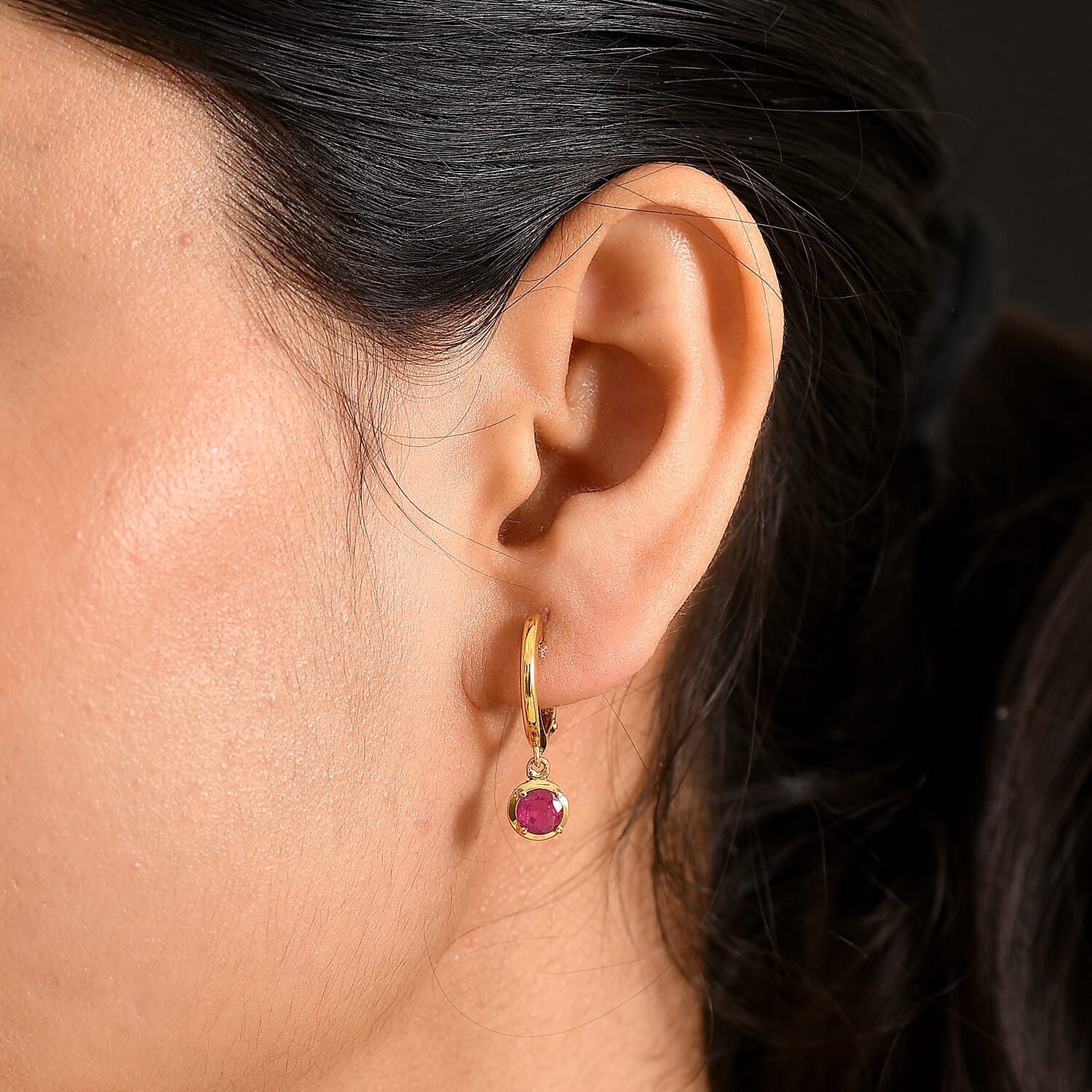 D'Joy Fissure Filled Ruby & White Zircon Dangling Earring in Yellow Gold Plated Sterling Silver 2.00 Ct.