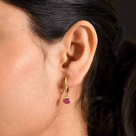 D'Joy Fissure Filled Ruby & White Zircon Dangling Earring in Yellow Gold Plated Sterling Silver 2.00 Ct.