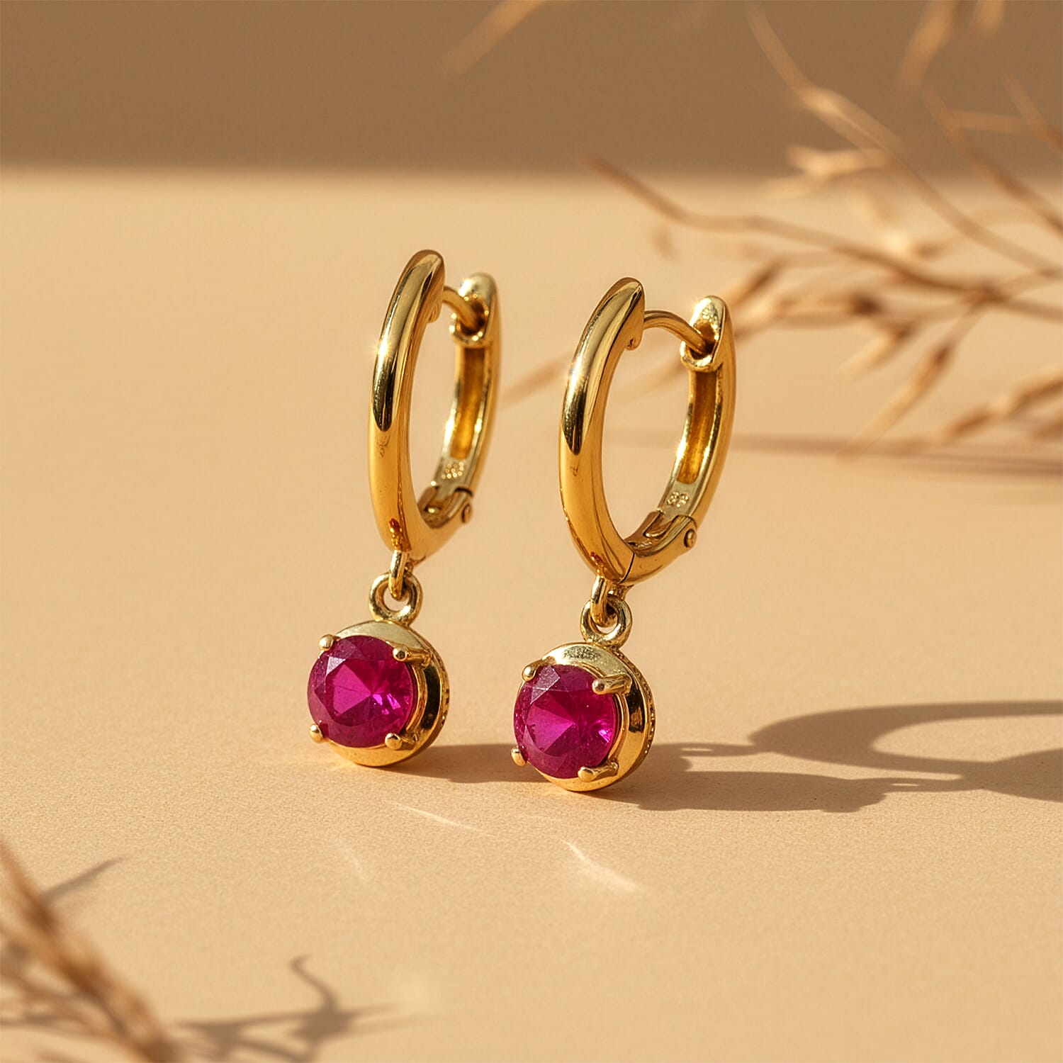 D'Joy Fissure Filled Ruby & White Zircon Dangling Earring in Yellow Gold Plated Sterling Silver 2.00 Ct.