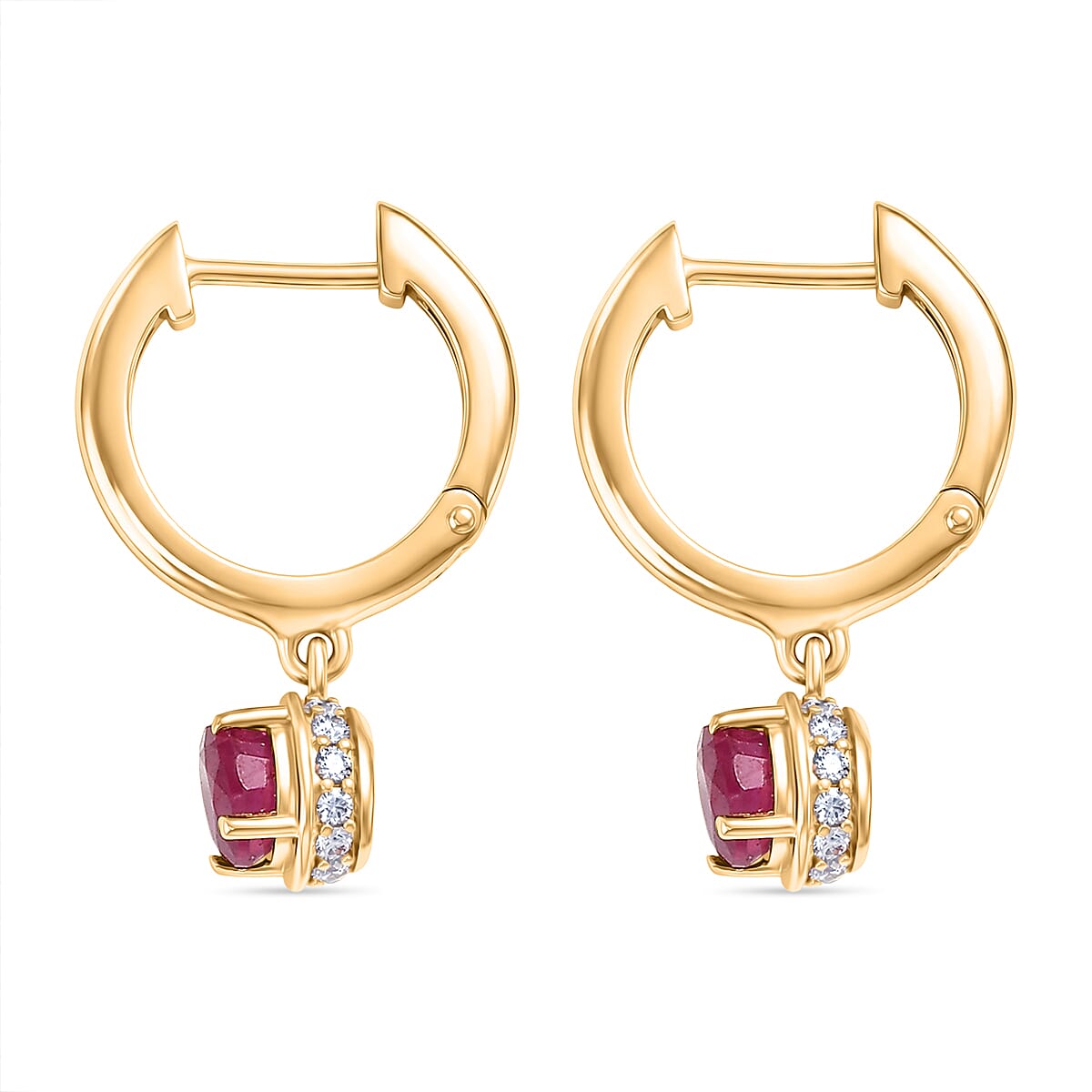 D'Joy Fissure Filled Ruby & White Zircon Dangling Earring in Yellow Gold Plated Sterling Silver 2.00 Ct.