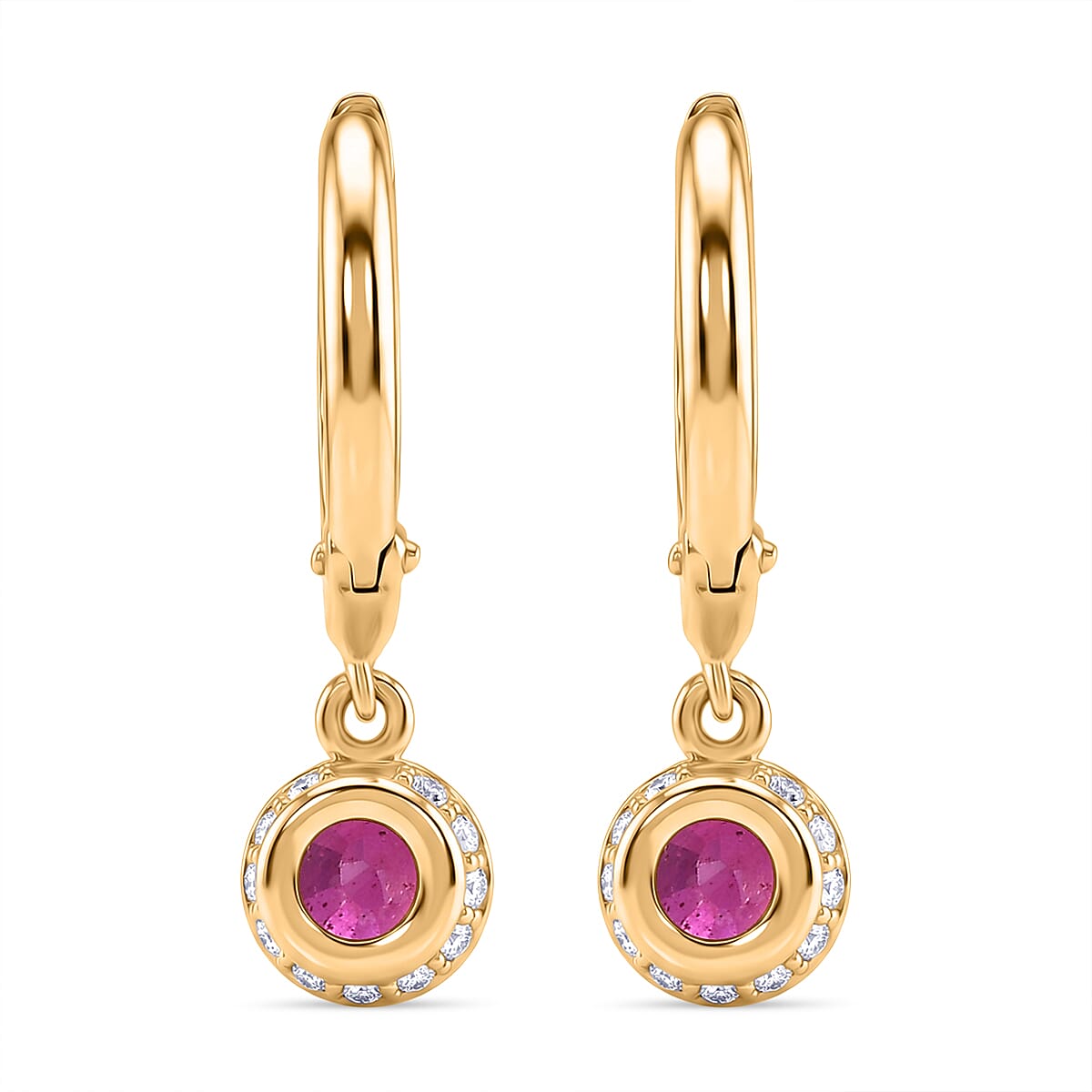 D'Joy Fissure Filled Ruby & White Zircon Dangling Earring in Yellow Gold Plated Sterling Silver 2.00 Ct.