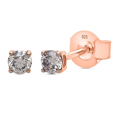 LUXURIANT Lab Grown Champagne Diamond Solitaire Stud Push Post Earring in 18K Vermeil Rose Gold Over Sterling Silver