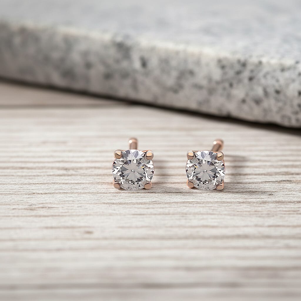 Luxuriant SI Lab Grown Champagne Diamond Solitaire Stud Push Post Earring in 18K Vermeil Rose Gold Plated Sterling Silver 0.28 Ct