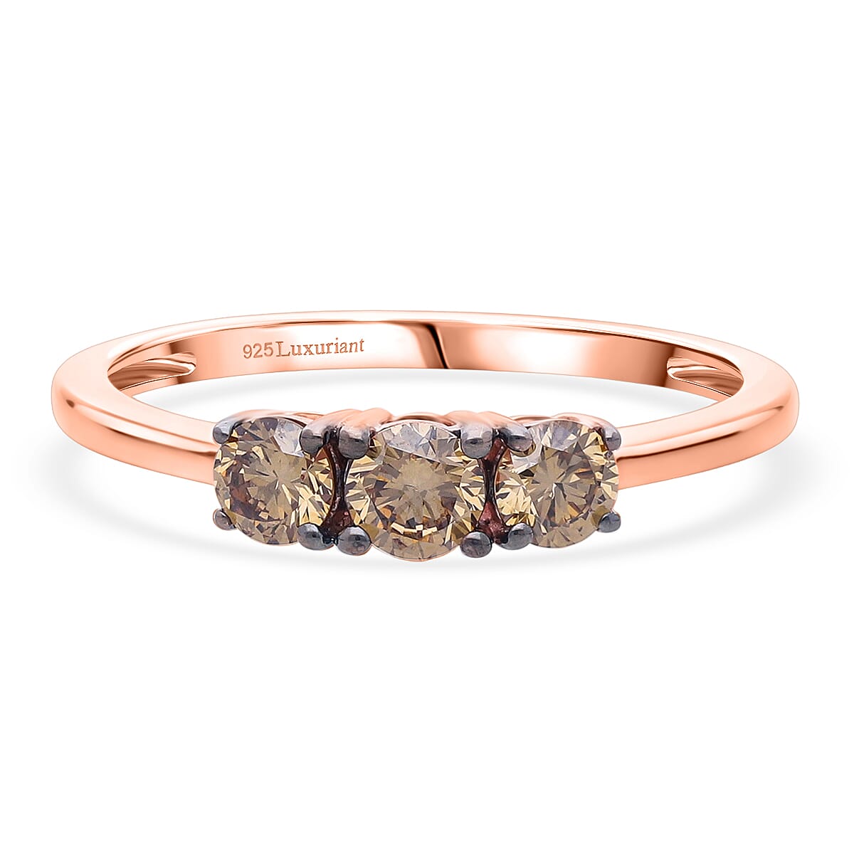 Luxuriant SI Lab Grown Champagne Diamond 3 Stone Band Ring in 18K Vermeil Rose Gold Plated Sterling Silver 0.48 Ct.