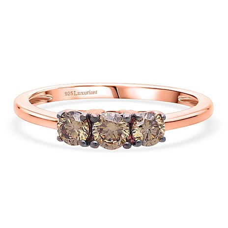 Luxuriant SI Lab Grown Champagne Diamond 3 Stone Band Ring in 18K Vermeil Rose Gold Plated Sterling Silver 0.48 Ct.
