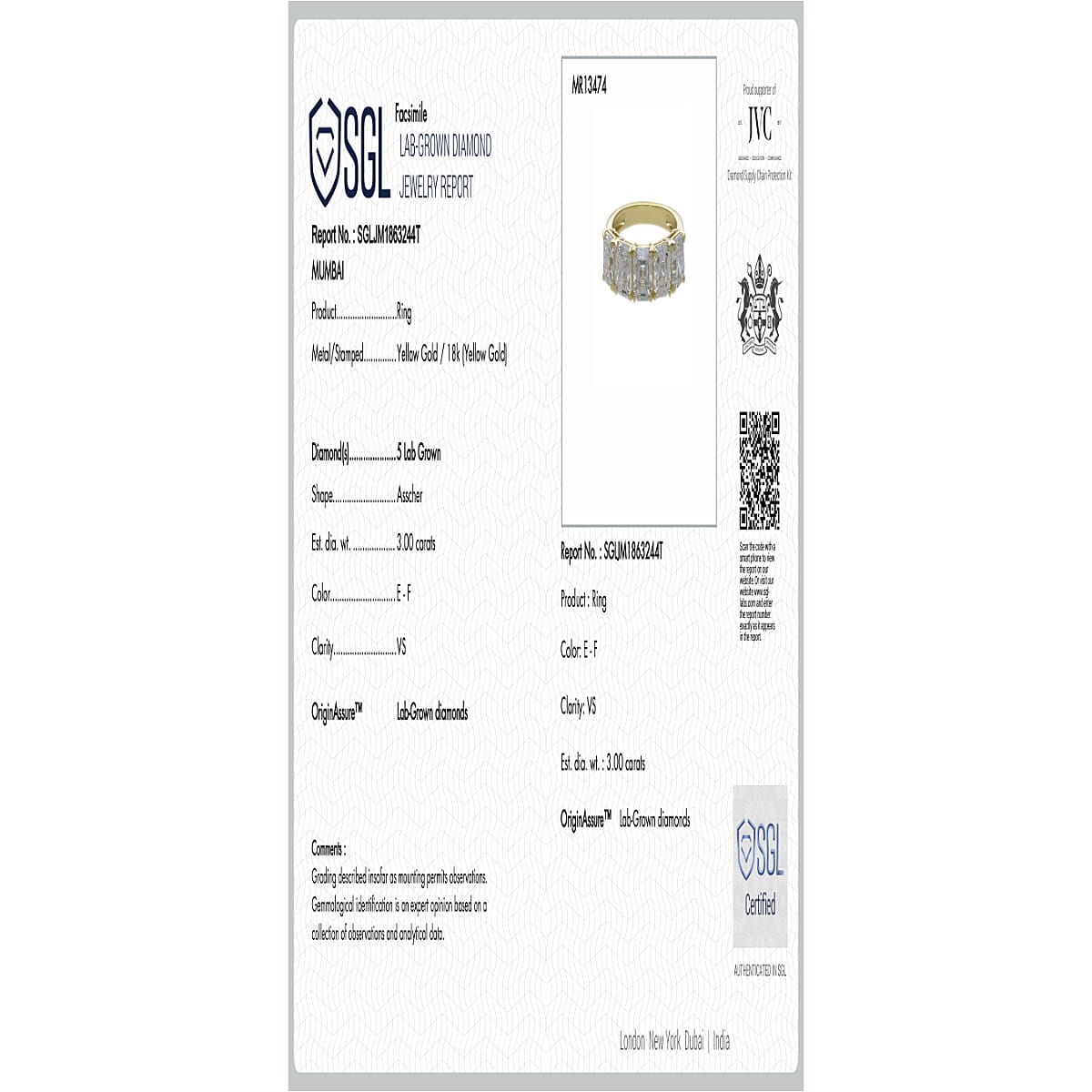 Luxuriant 18K Yellow Gold SGL Certified VS-EF Lab Grown Diamond  5 Stone Band Ring 3.00 Ct, Gold Wt. 3.00 Gms