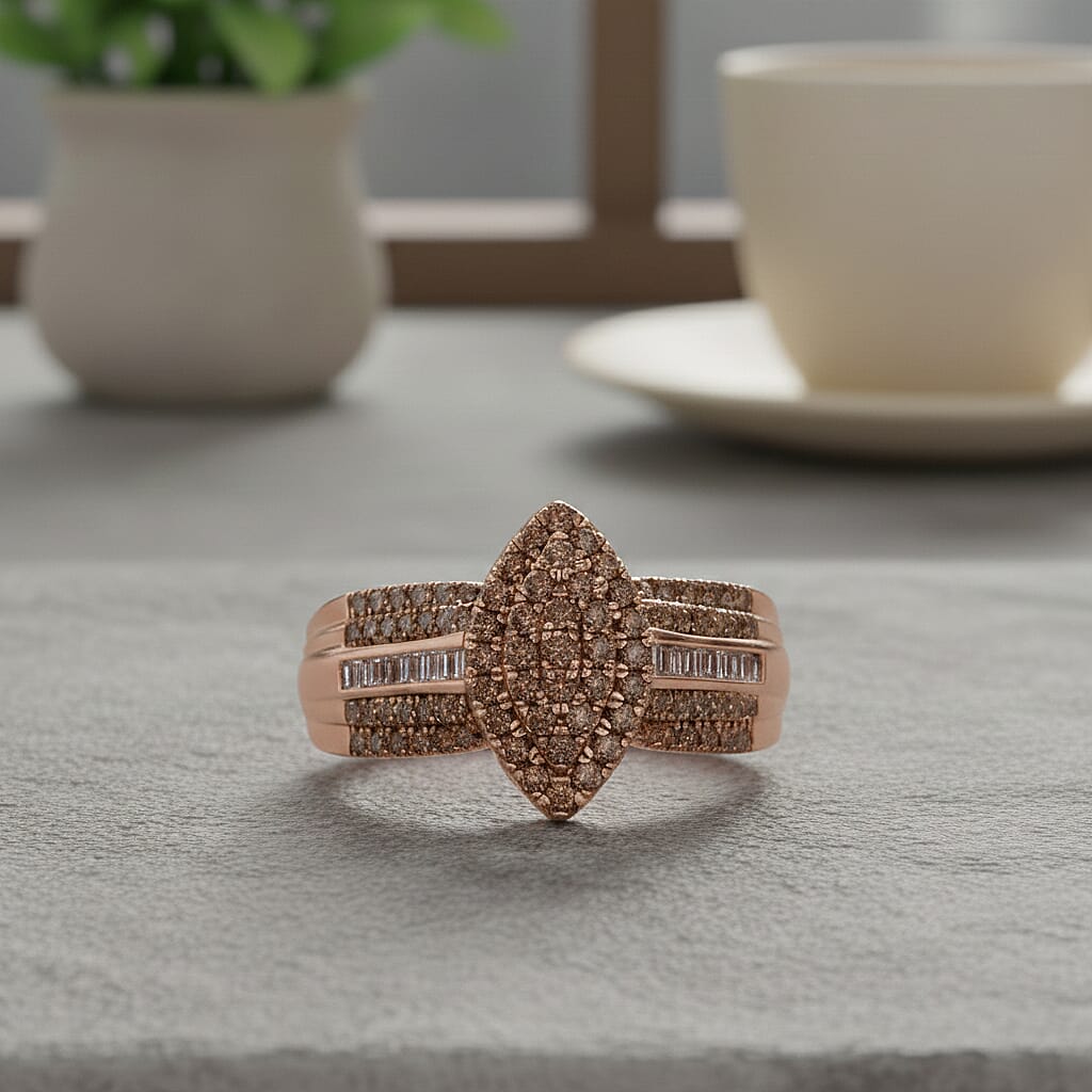 D'Joy Champagne Diamond Ring in 18K Rose Gold Plated Sterling Silver 0.73 Ct