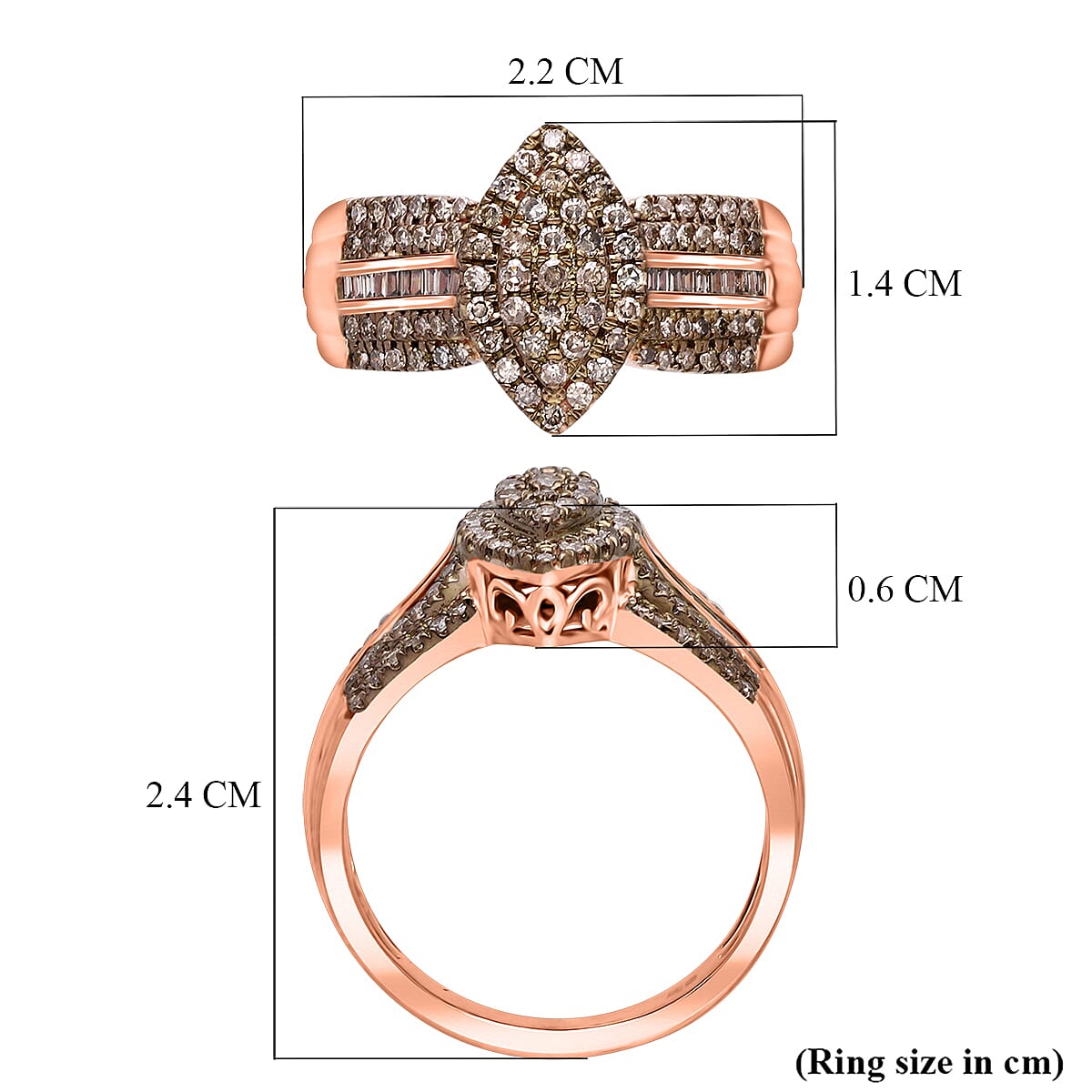 D'Joy Champagne Diamond Ring in 18K Rose Gold Plated Sterling Silver 0.73 Ct