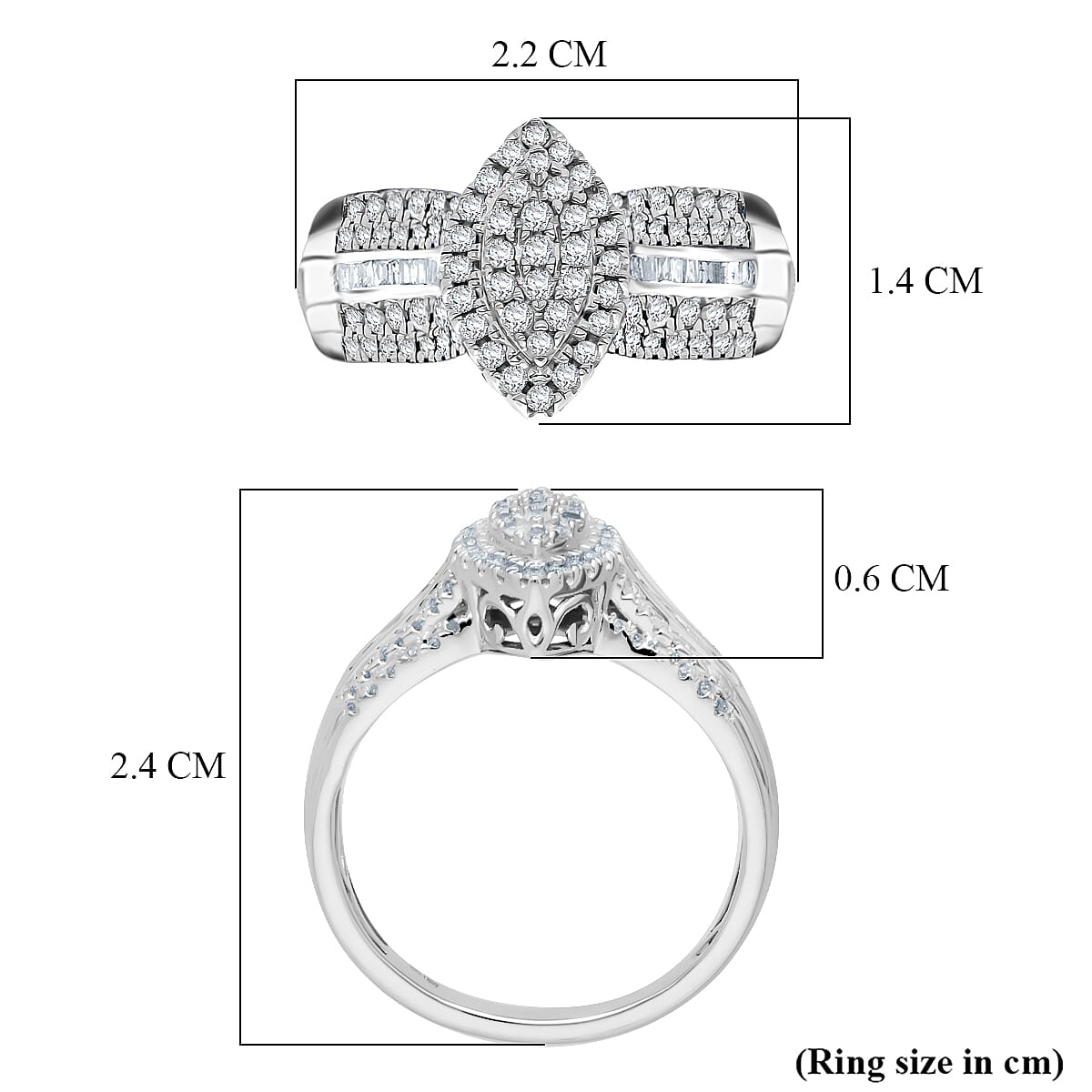 D'Joy Natural White Diamond Cluster Ring in Rhodium Overlay Sterling Silver 0.50 Ct.