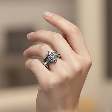 D'Joy Multi Diamond Cluster Ring in Rhodium Overlay Sterling Silver 0.50 Ct.