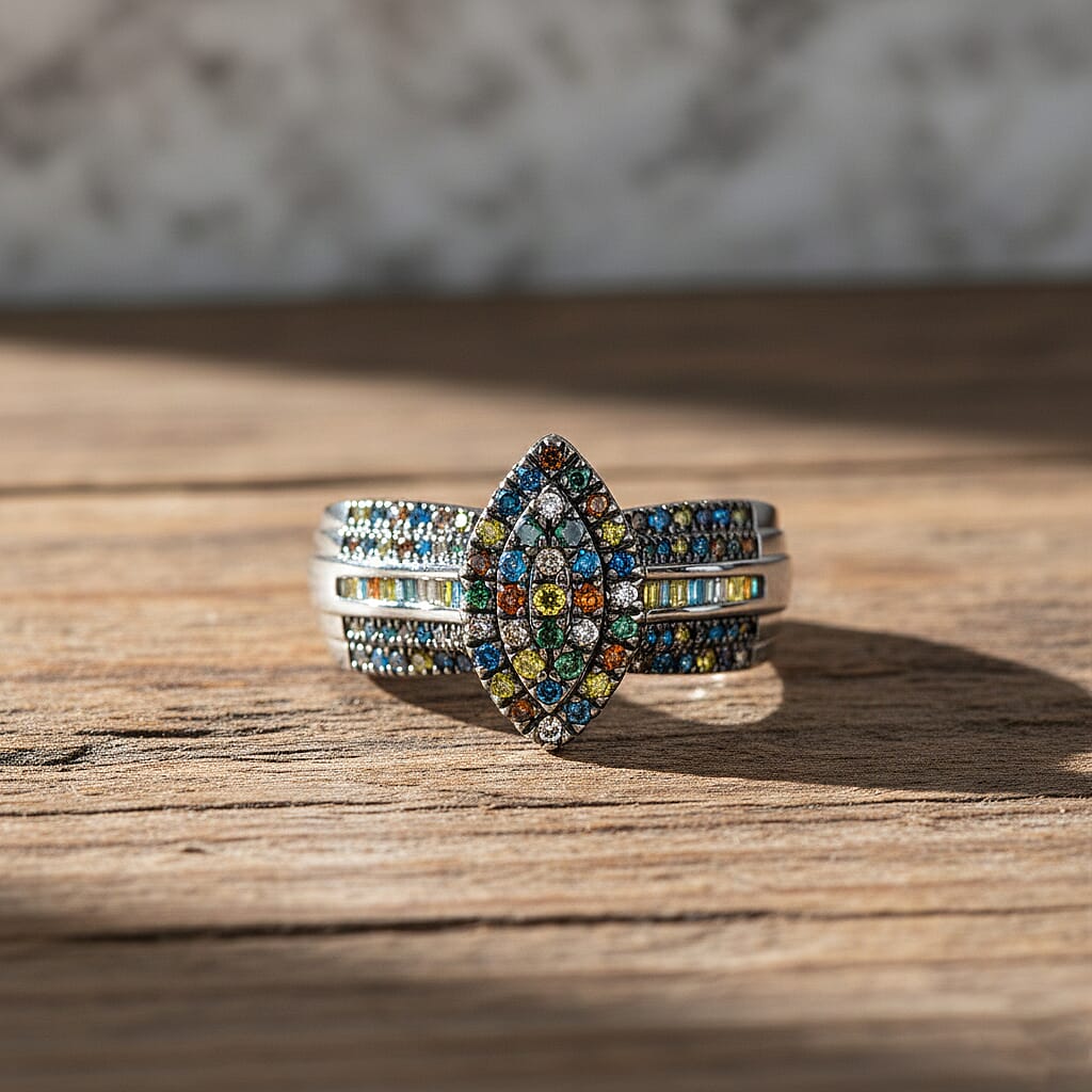 D'Joy Multi Diamond Cluster Ring in Rhodium Overlay Sterling Silver 0.50 Ct.