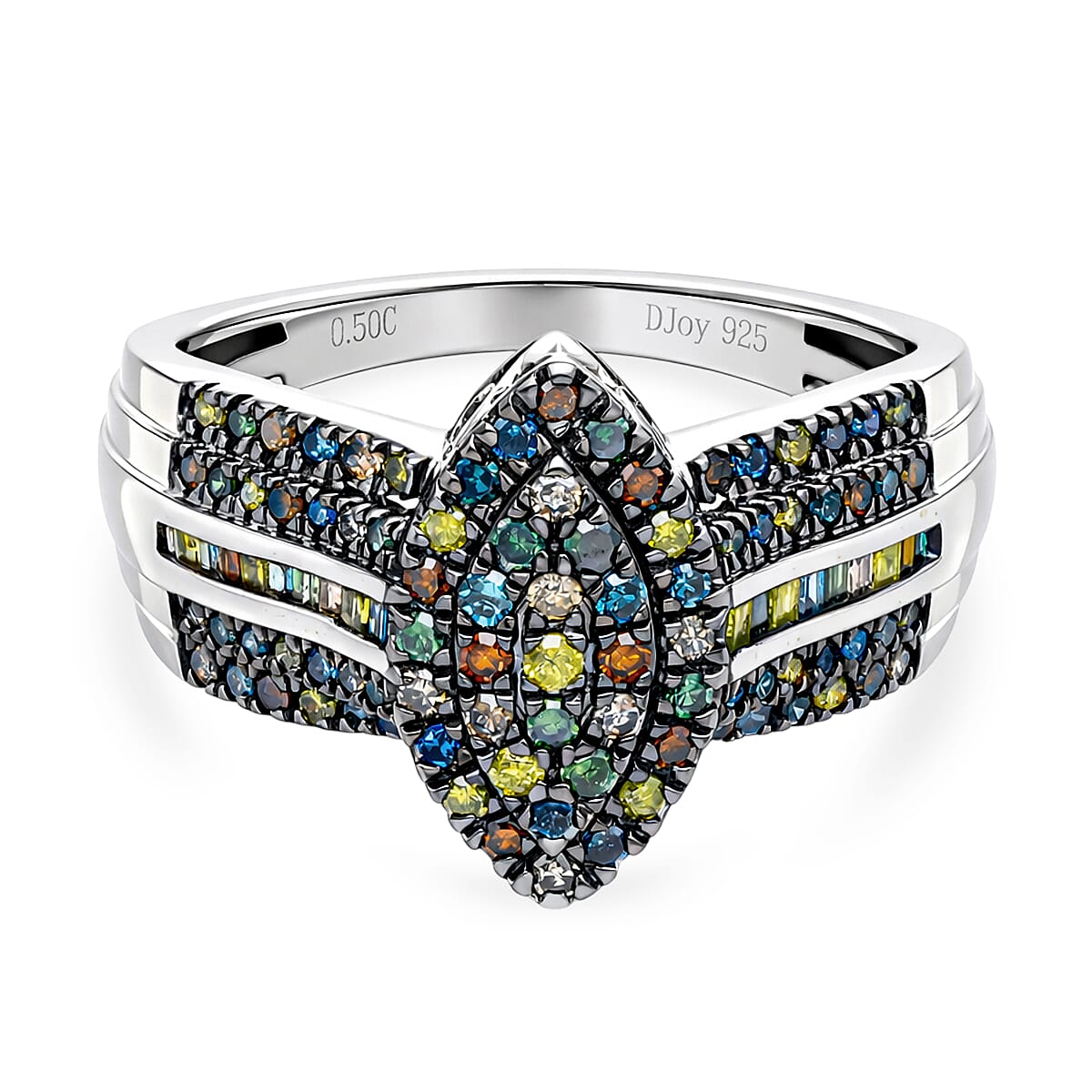 D'Joy Blue Diamond & Multi Gemstones Ring in Rhodium Overlay Sterling Silver 0.51 Ct