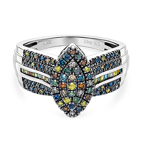 D'Joy Blue Diamond & Multi Gemstones Ring in Rhodium Overlay Sterling Silver 0.51 Ct