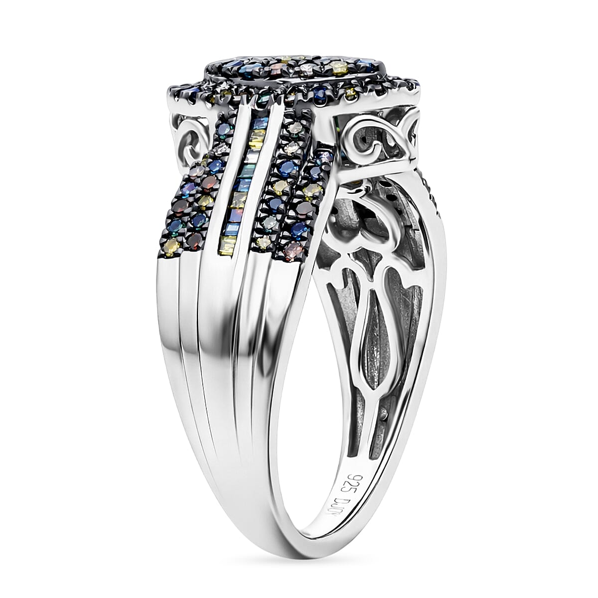 D'Joy Blue Diamond & Multi Gemstones Ring in Rhodium Overlay Sterling Silver 0.51 Ct