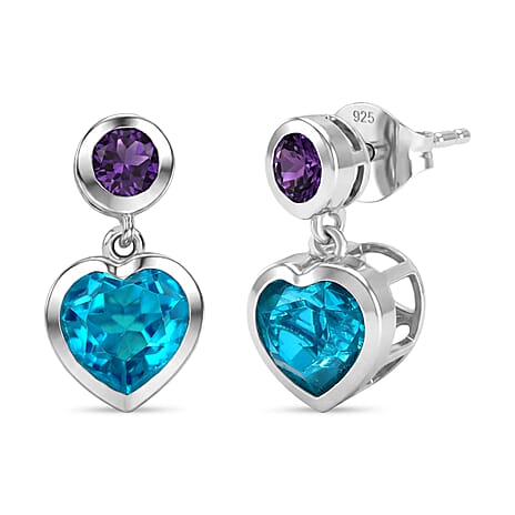 D'Joy Capri Blue Quartz & African Amethyst Heart Drop Stud Earring with Push Back in Platinum Overlay Sterling Silver 3.38 Ct.