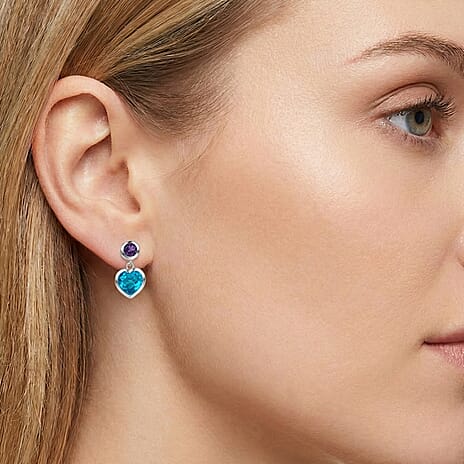 D'Joy Capri Blue Quartz & African Amethyst Heart Drop Stud Earring with Push Back in Platinum Overlay Sterling Silver 3.38 Ct.